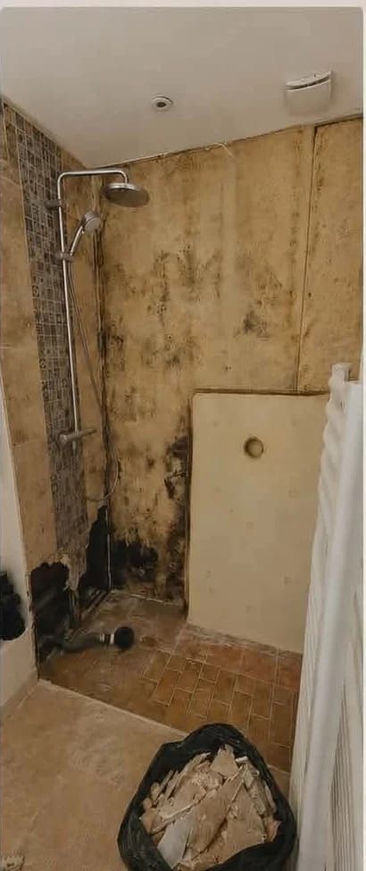 La même douche avant travaux : faïence décollée et supports noircis par l'humidité