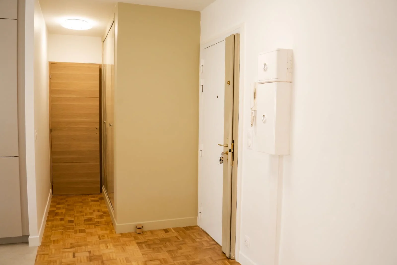 Entrée de l'appartement avec parquet mosaïque, placard et porte plaquée chêne